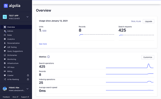 画面キャプチャ：Algoliaのダッシュボード