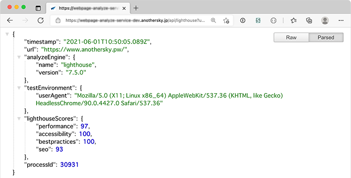 ブラウザでEC2にアクセスしLighthouseの結果JSONが表示された画面のキャプチャ