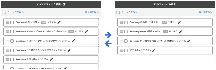 画面キャプチャ：PowerCMS 5のフォーム項目設定画面（スクリプトで「このフォームの項目」をセットしたところ）