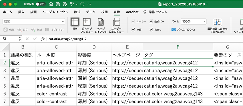 画面のキャプチャ：axe-runnerを用いてアクセシビリティチェックを実施し、得られたレポートCSVにタグが表示されている様子